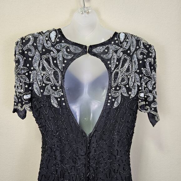 VTG Laurence Kazar Beaded Silk Formal Dress L Embellished Sequin MOB 80s Black - Picture 8 of 16
